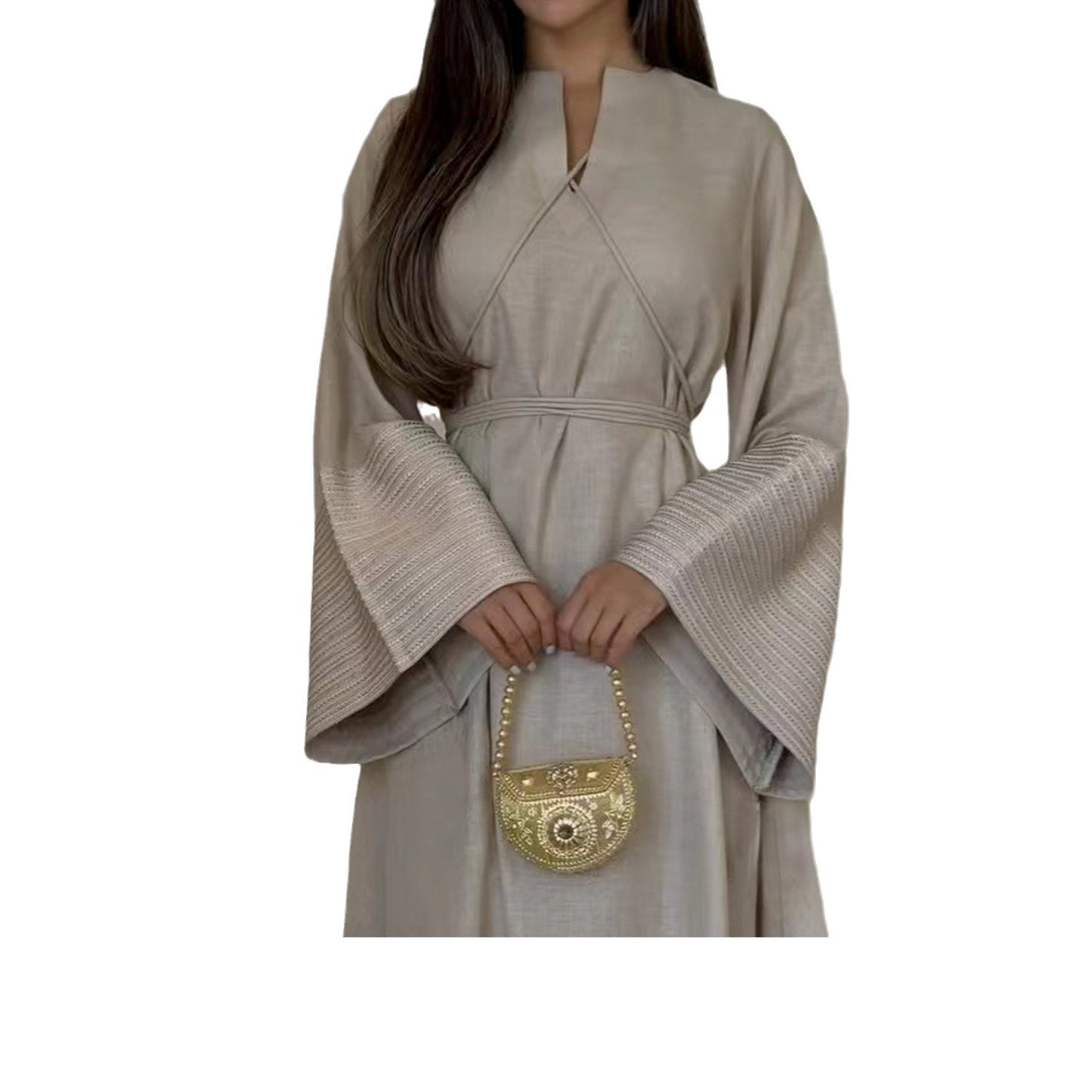 Modest V-neck Embroidery Elegant Abaya Dress