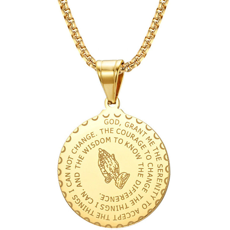 Stainless Steel Pendant Prayer Hand Medallion Necklace