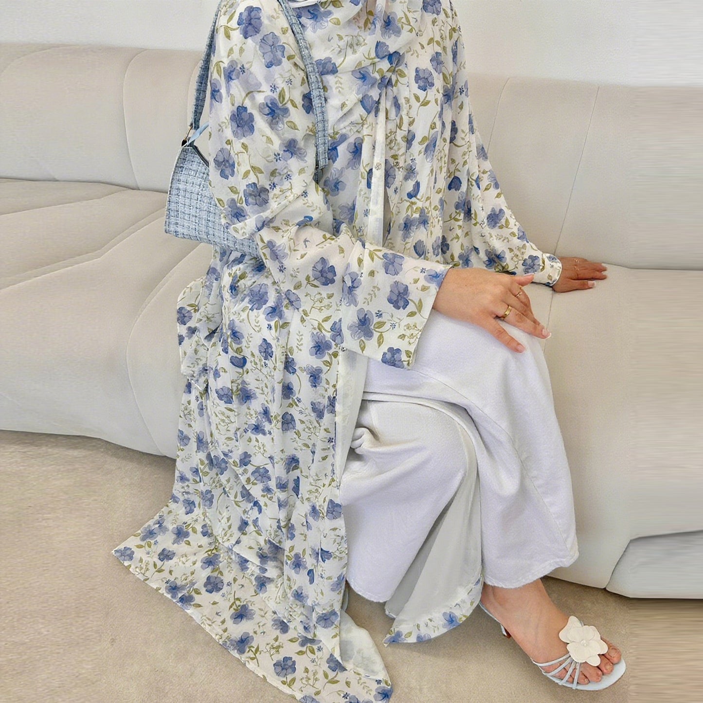 Printed Hijab Set with Double Layer Chiffon Open Cardigan