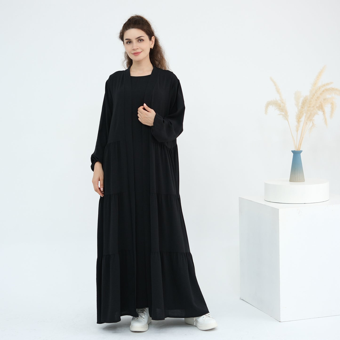 Solid Color Hijab-Friendly Modest Layered Two-Piece Set