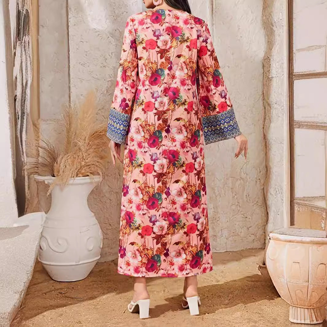 Women's Printed Color-block Flared Sleeve Dress
