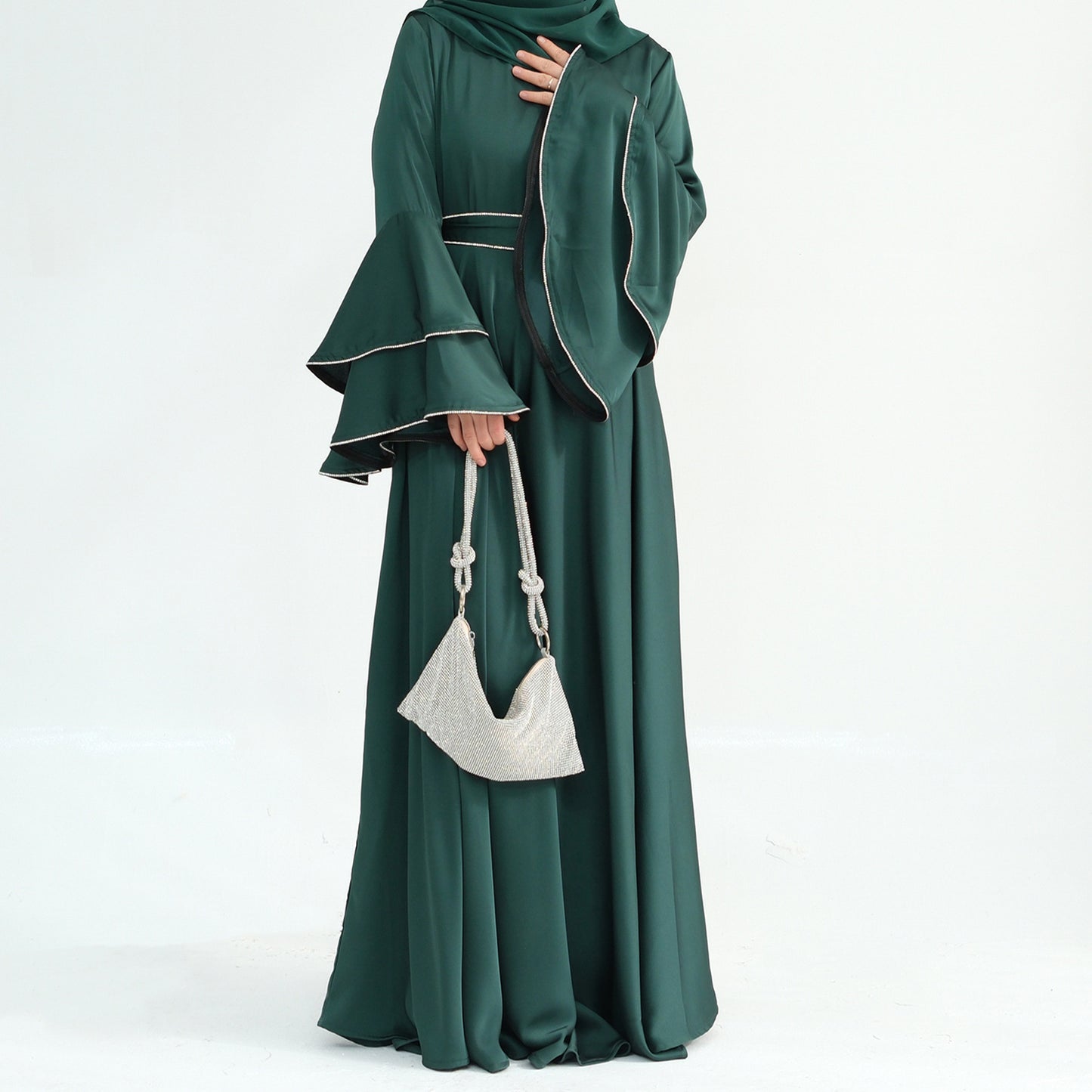 Beaded Nida Double-Layer Flare Sleeve Luxury Modest Maxi Dress