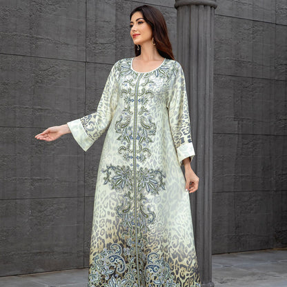 Leopard Beaded Rhinestone Muslim Kaftan Maxi Dress
