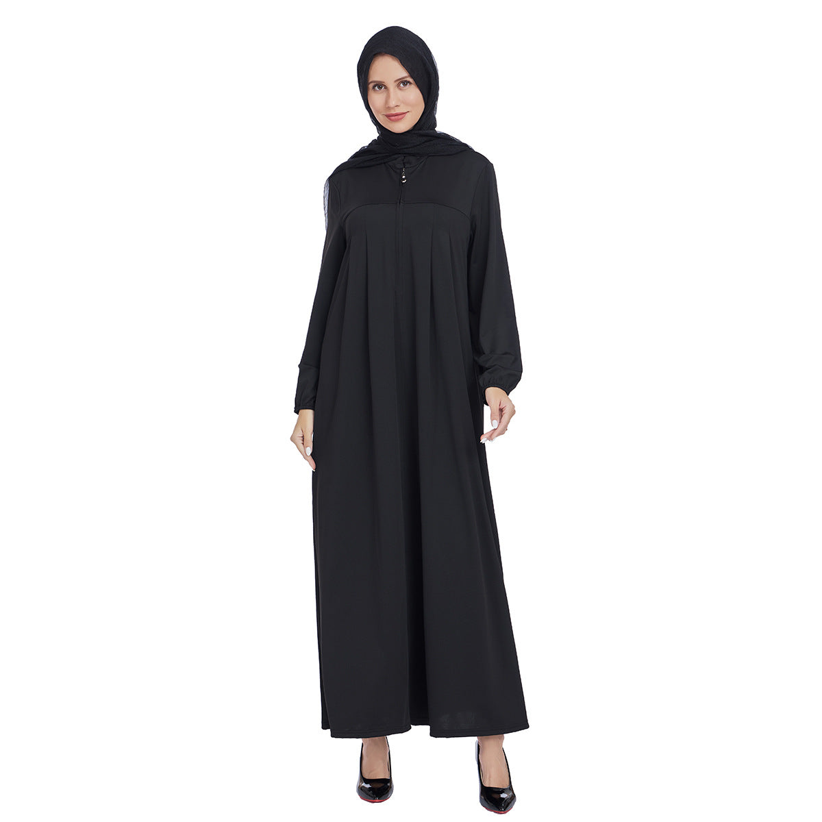Stand Collar Maxi Dress with Pockets – Modest Long Sleeve Casual Abaya