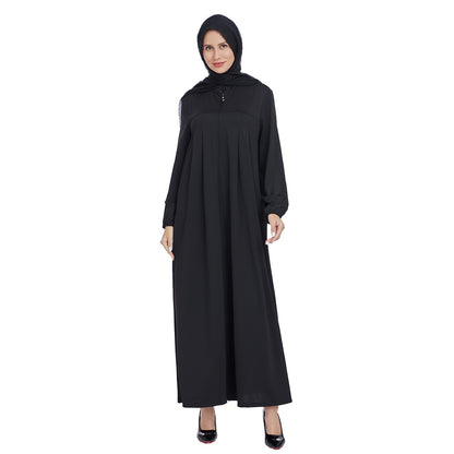 Stand Collar Maxi Dress with Pockets – Modest Long Sleeve Casual Abaya