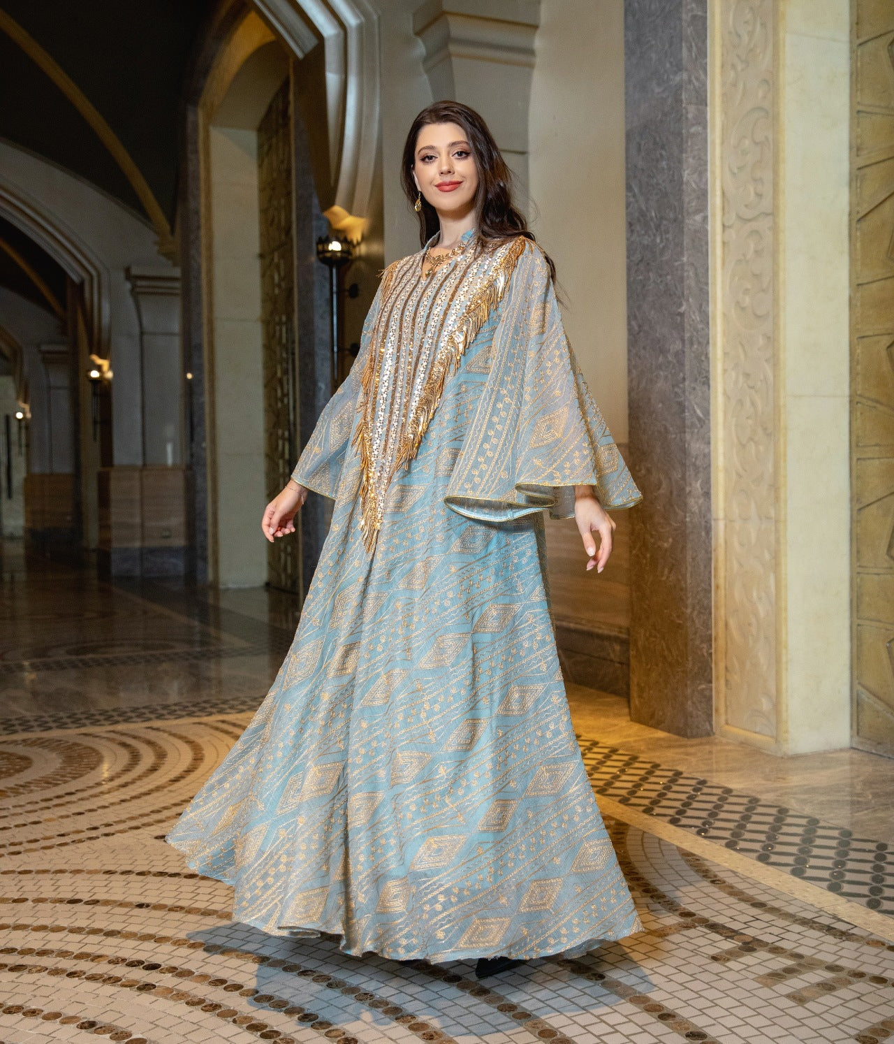 Women's Mesh Embroidered Sequin Jalabiya Dress