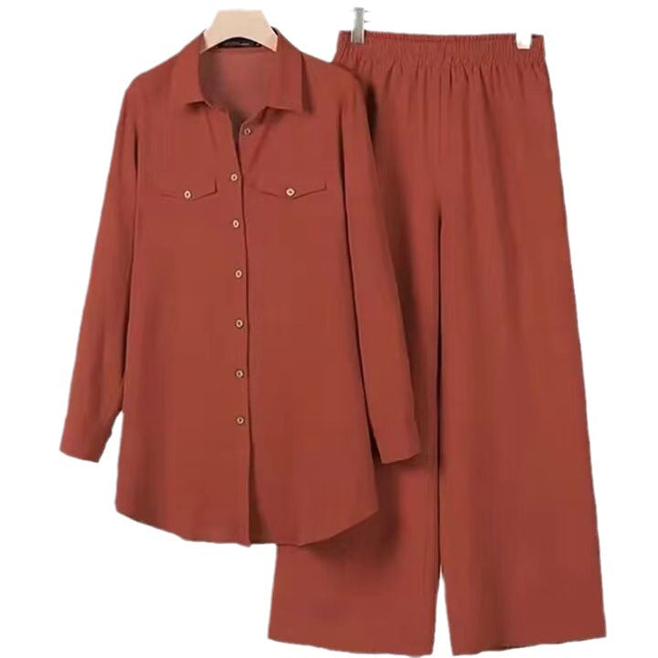 Plain Long-sleeved Shirt and Trousers Two-piece Sets