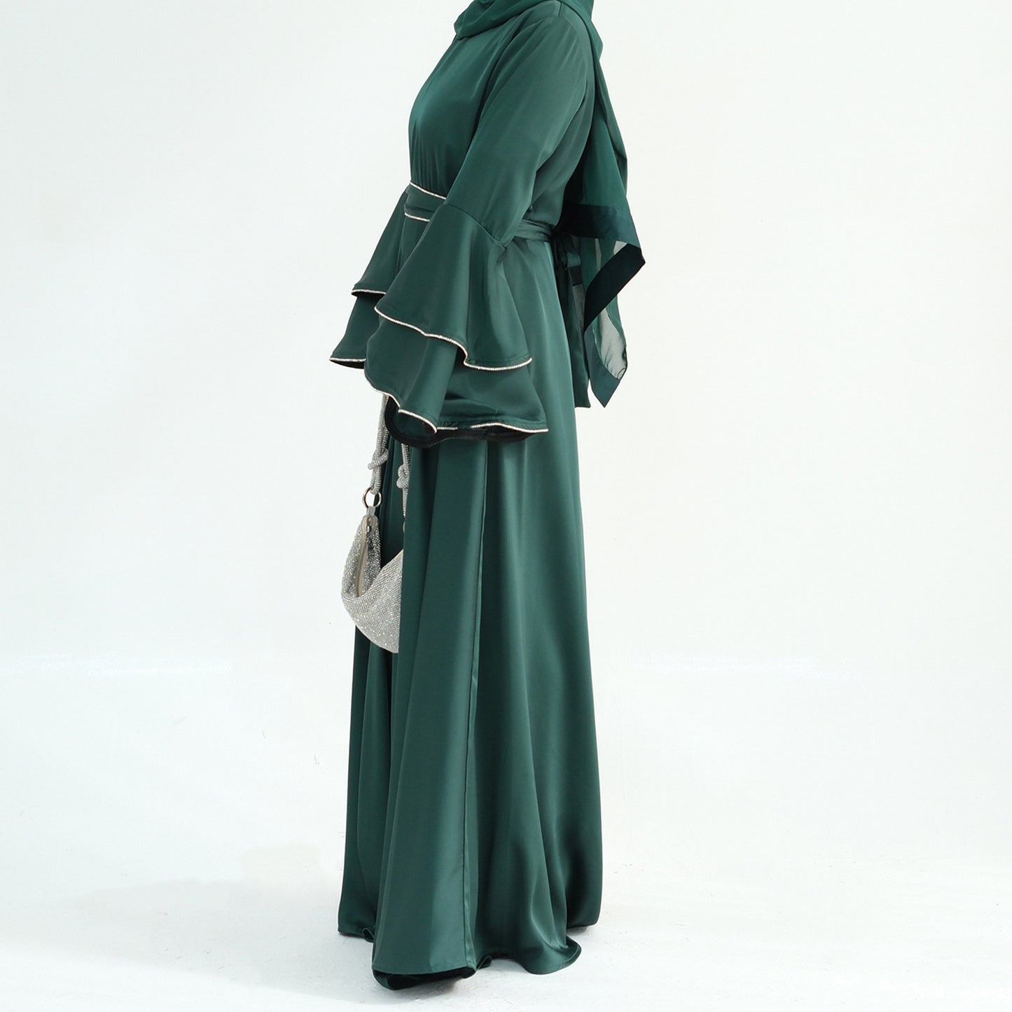 Beaded Nida Double-Layer Flare Sleeve Luxury Modest Maxi Dress