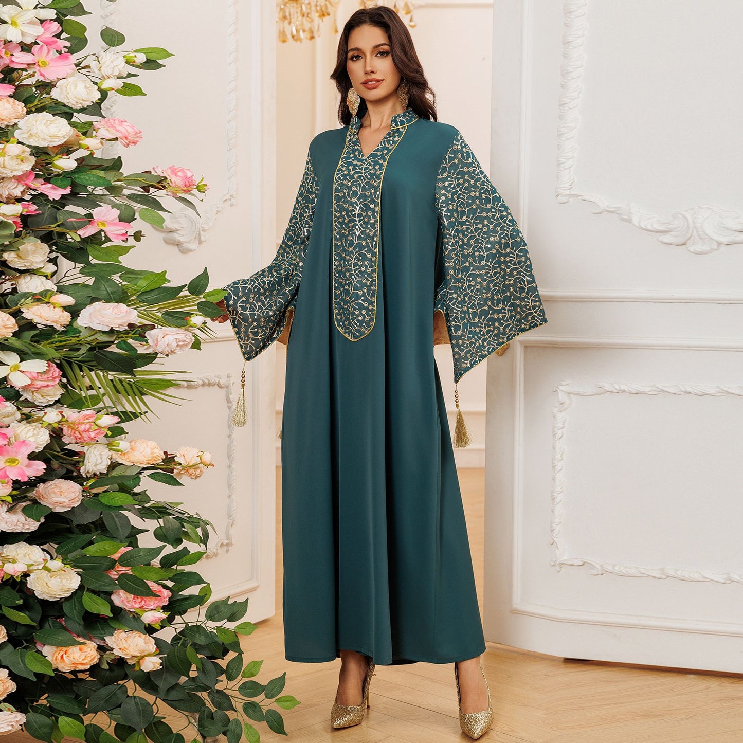 Women's Embroidered Panelled Tassel Dress