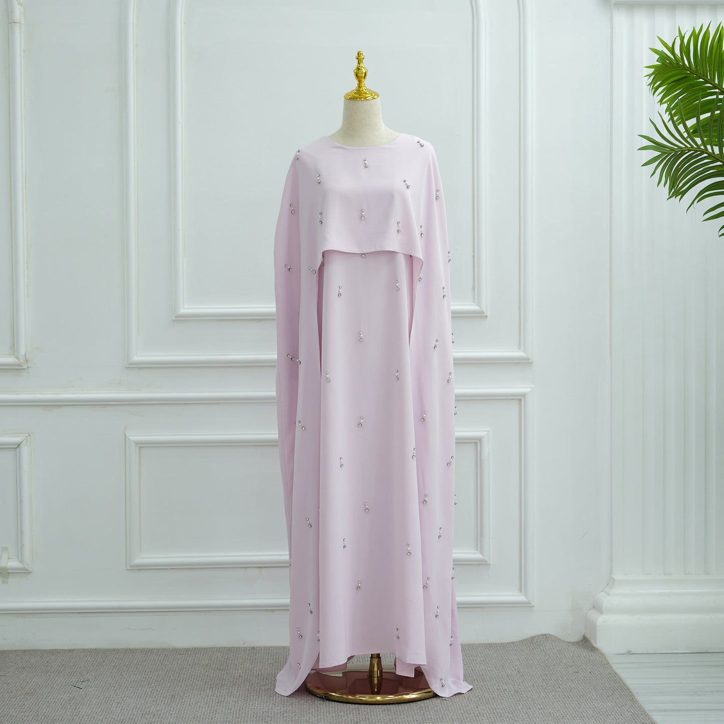 Elegant Beaded Maxi Dress with Attached Cape – Modest Evening Abaya Style