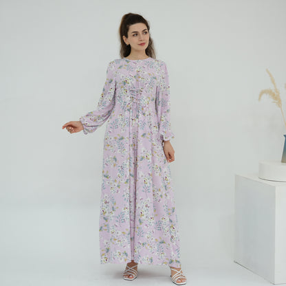 Floral Print Maxi Dress with Waist Tie Modest Long Sleeve