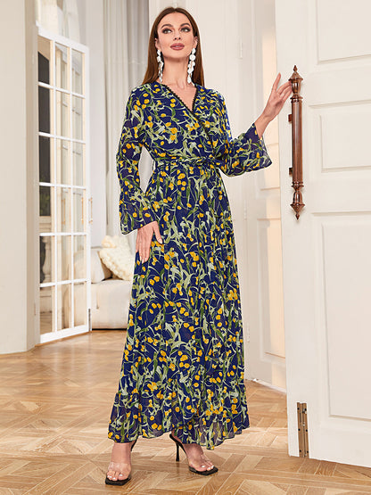 Women's V-neck Long Sleeve Print Dress