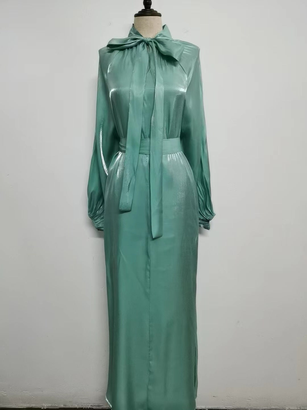 Satin Long Sleeve Maxi Dress with Bow Belt and Lantern Sleeves