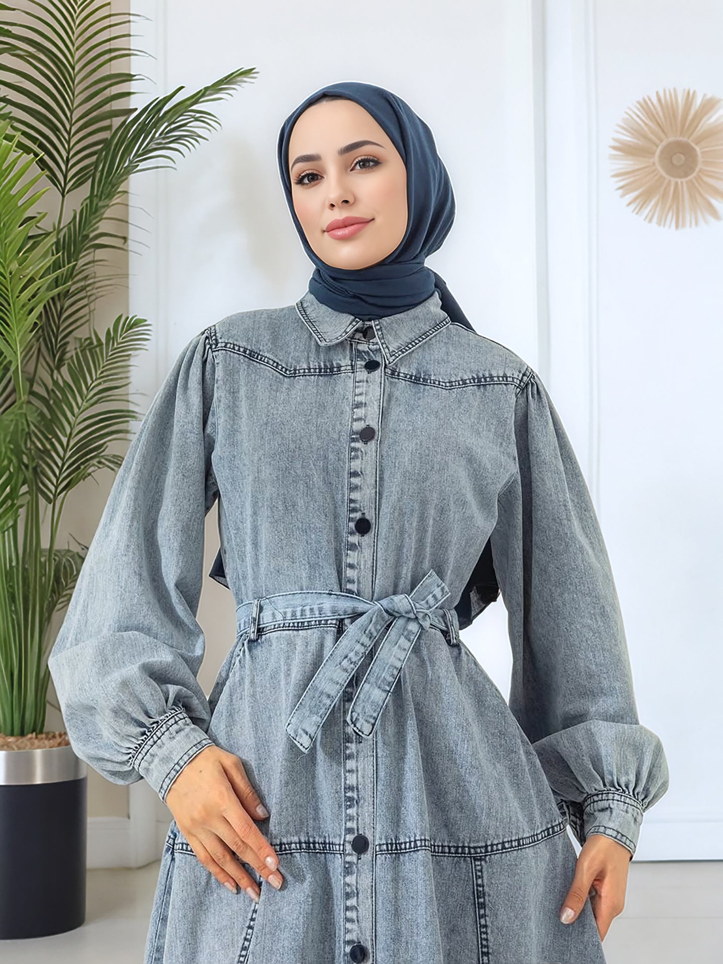 Denim Patchwork Lantern Sleeve Modest Midi Dress