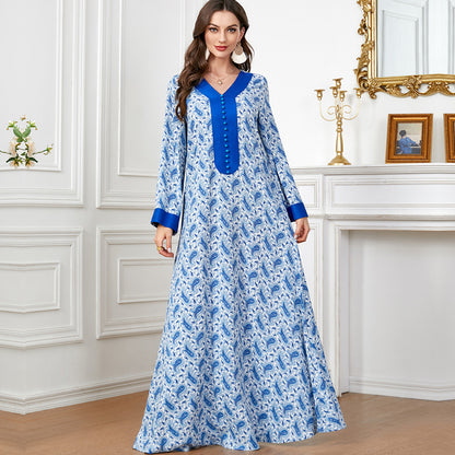 V-neck Panels Stud-buttoned Casual Abaya Dress