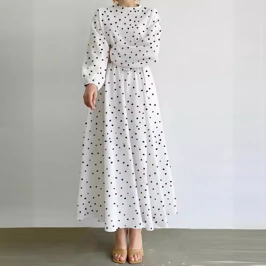 Women's Long-sleeved Crewneck Heart-print Dress