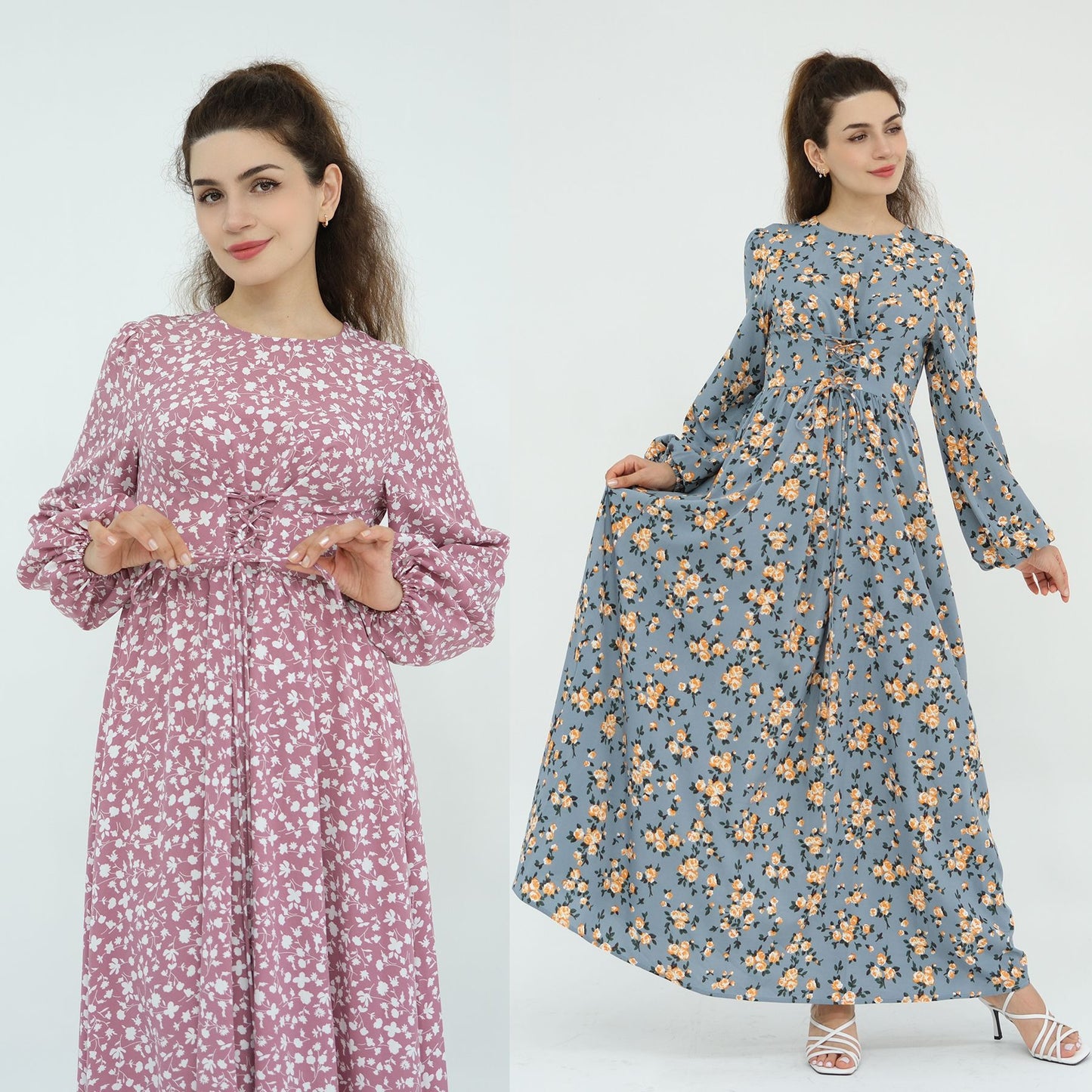 Floral Print Maxi Dress with Waist Tie Modest Long Sleeve