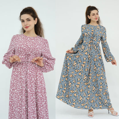 Floral Print Maxi Dress with Waist Tie Modest Long Sleeve