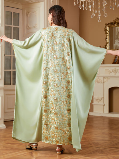 Dolman-sleeved Waist-cinching Loose Embroidered Dress