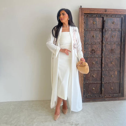 Women's White Embroidered Robe Open Abaya