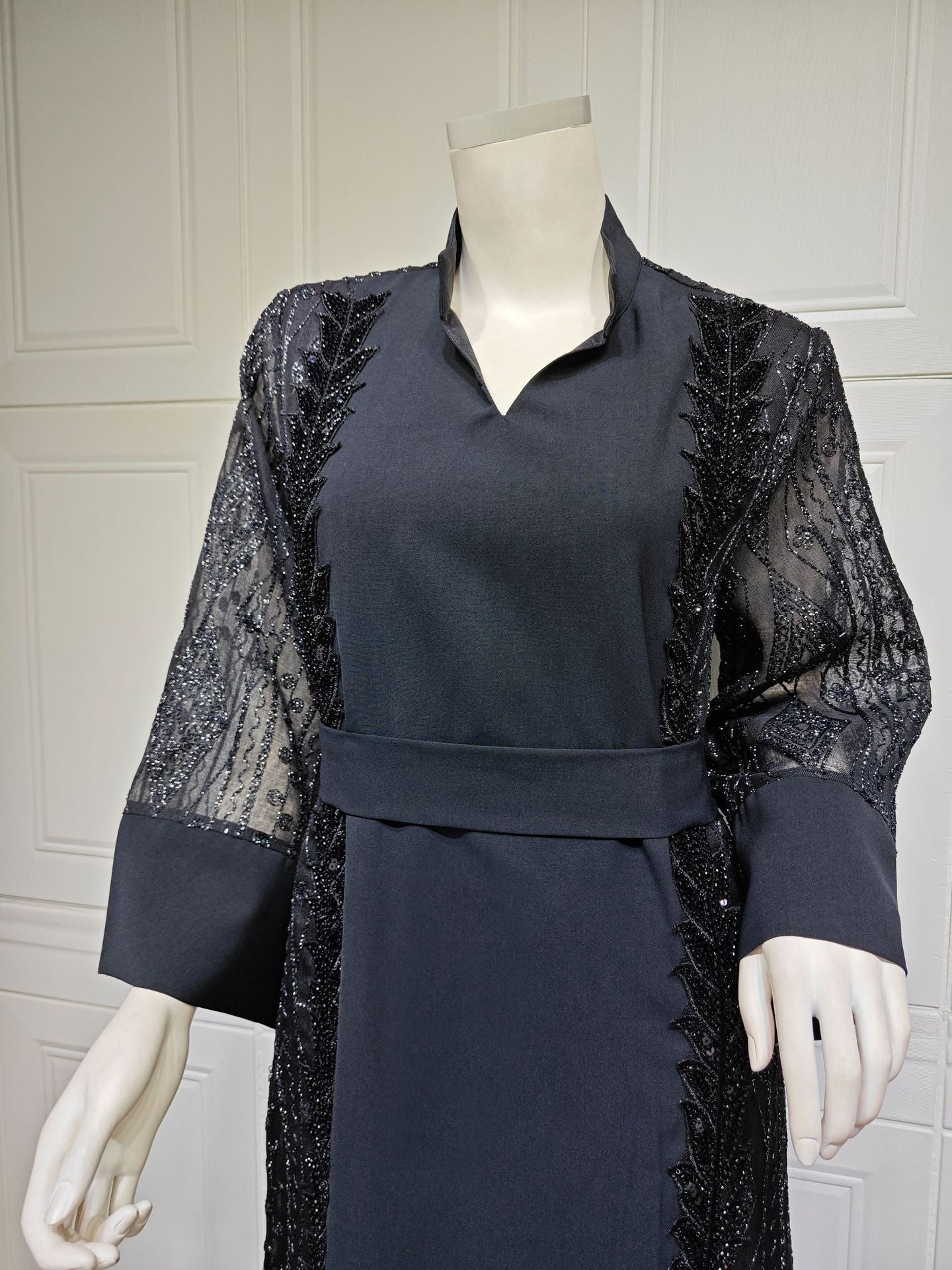 Colorblock Mesh Embroidered Beaded Muslim Dress