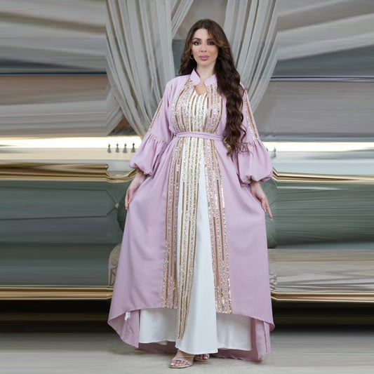 Beaded Embroidered Bubble Sleeve Dress Two Piece Set