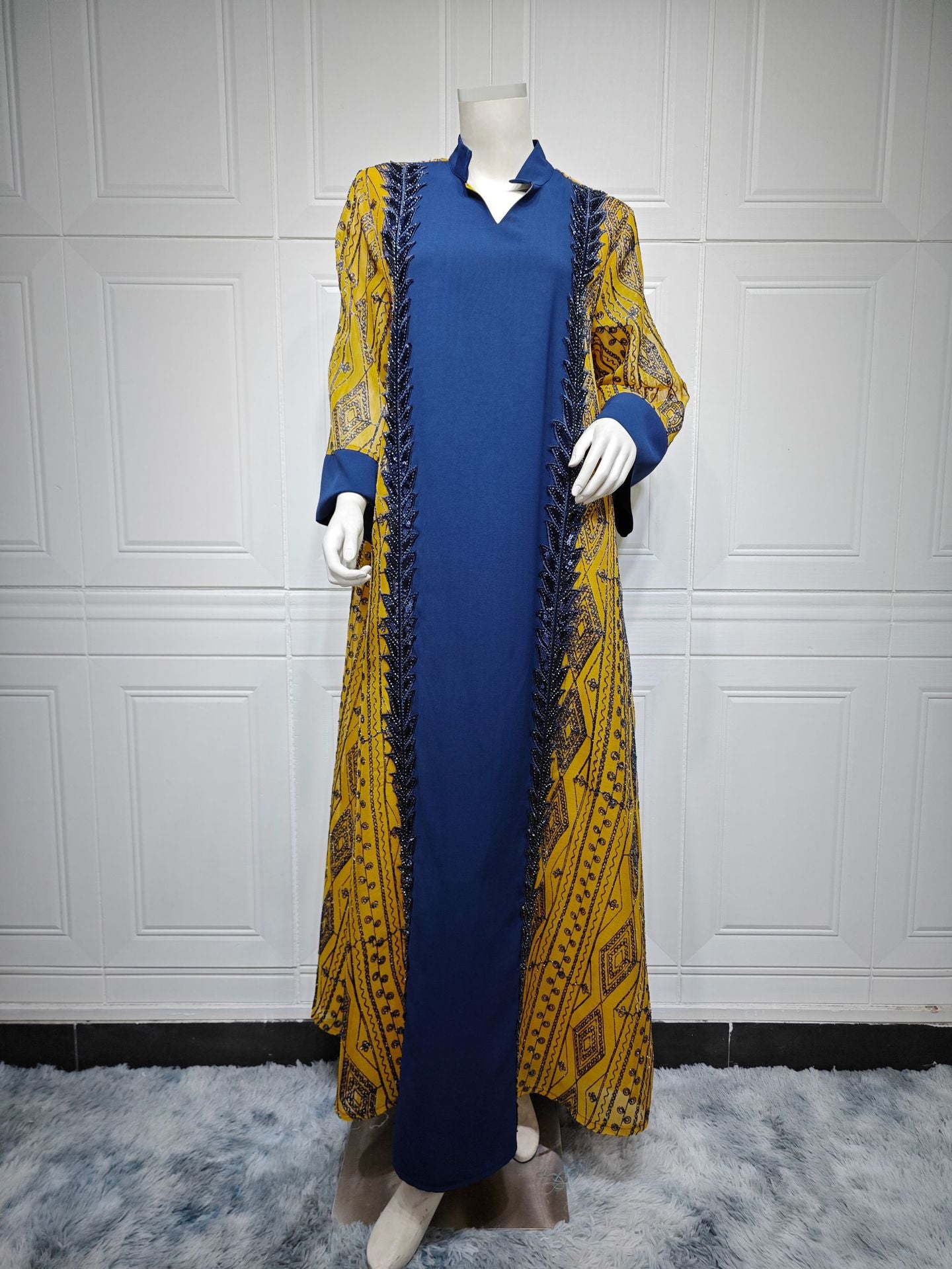 Colorblock Mesh Embroidered Beaded Muslim Dress