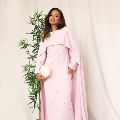 Elegant Beaded Maxi Dress with Attached Cape – Modest Evening Abaya Style