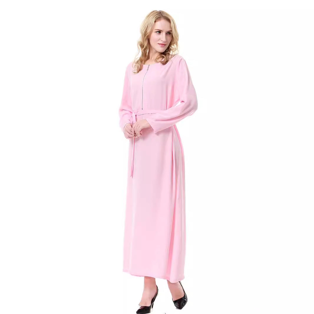 Women's Round Neck Solid Chiffon Zipper Dress