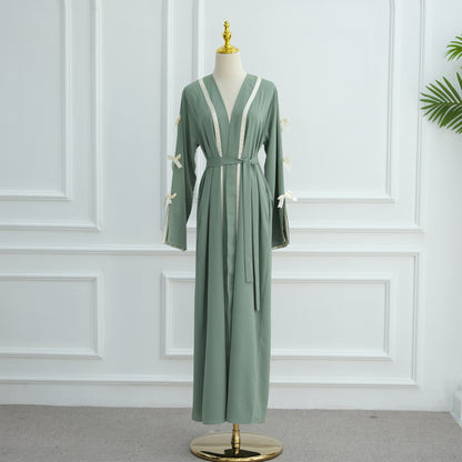 Bow Tie Open Abaya with Contrast Trim for Women