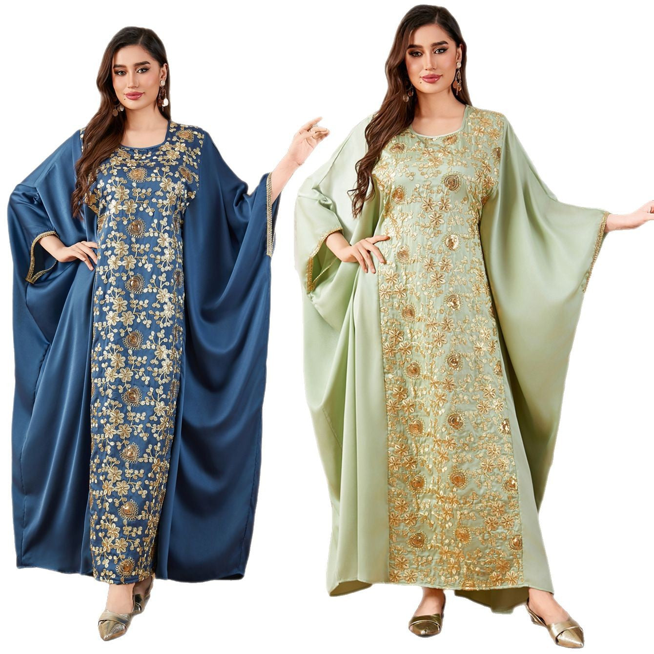 Dolman-sleeved Waist-cinching Loose Embroidered Dress