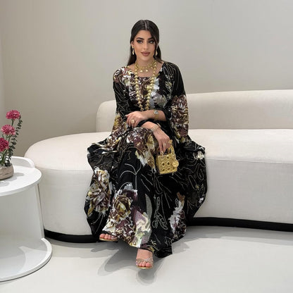 Printed Large-flowered Hot Diamond Chiffon Dress