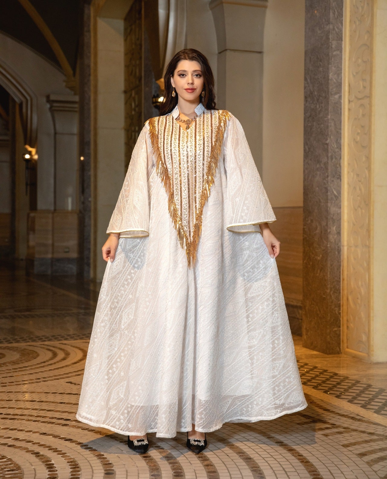 Women's Mesh Embroidered Sequin Jalabiya Dress