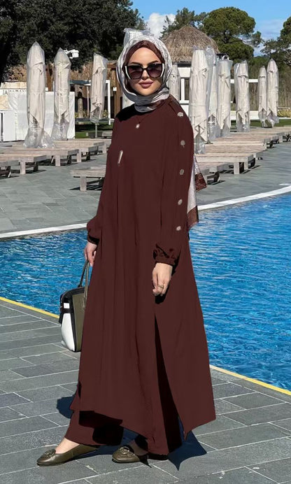 Loose Long Sleeve Maxi Dress with Button Detail and Side Pockets