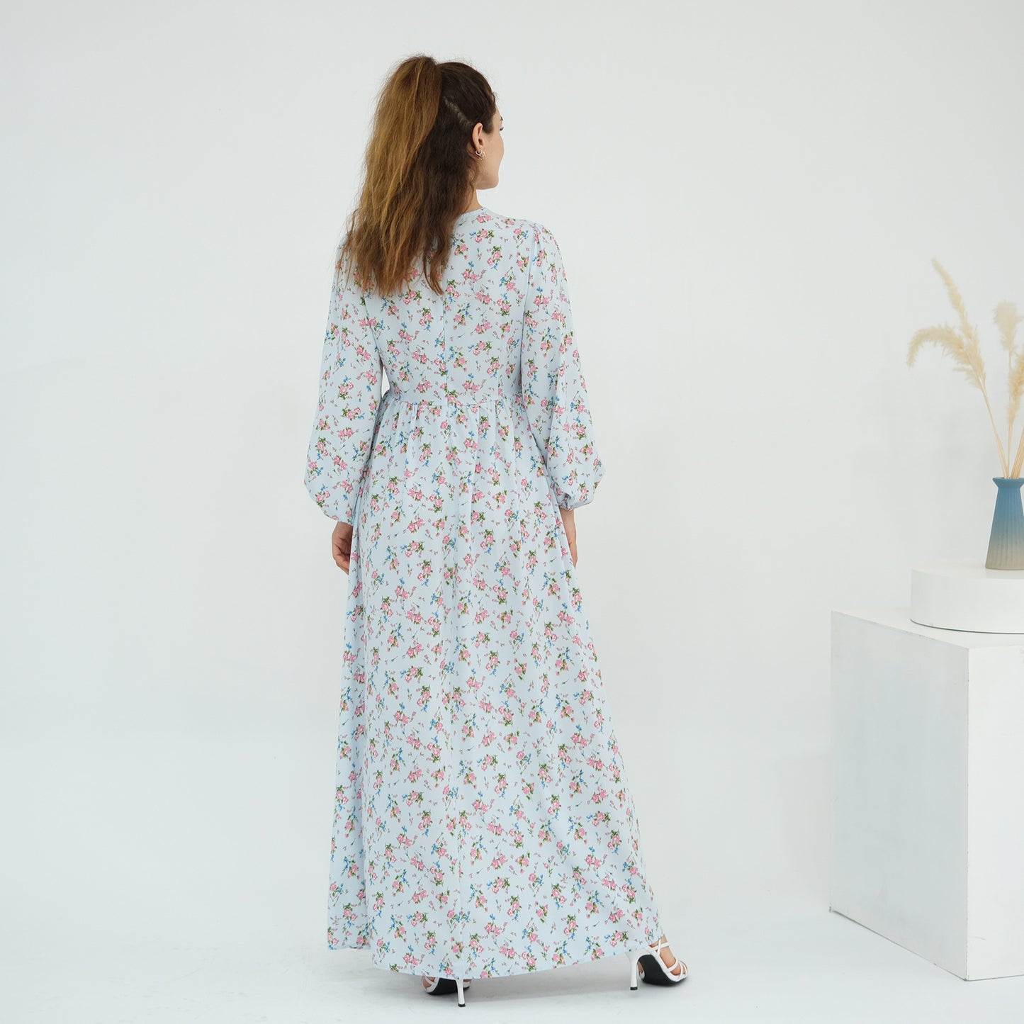 Floral Print Maxi Dress with Waist Tie Modest Long Sleeve