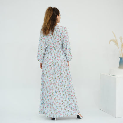 Floral Print Maxi Dress with Waist Tie Modest Long Sleeve