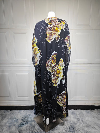 Printed Large-flowered Hot Diamond Chiffon Dress