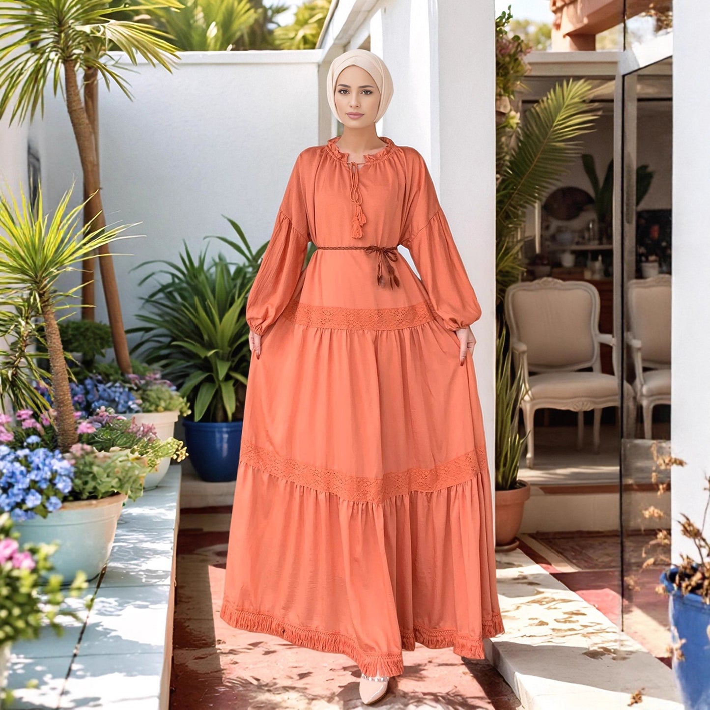 Lace Patchwork Maxi Dress with Tassel Belt and Ruffle Hem