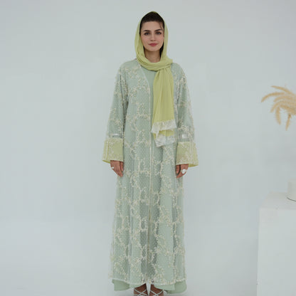 Elegant 3D Floral Mesh Open Abaya with Optional Inner Dress and Scarf