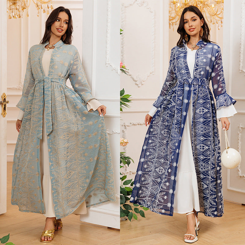 Elegant Long Skirt Embroidered Robe Two-piece Set