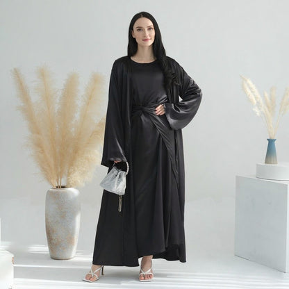 Solid Color Three Piece Abaya Set with Inner Dress and Belt