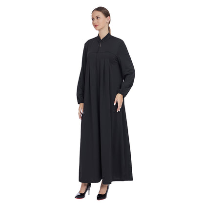 Stand Collar Maxi Dress with Pockets – Modest Long Sleeve Casual Abaya