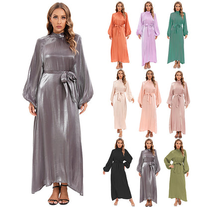 Satin Long Sleeve Maxi Dress with Bow Belt and Lantern Sleeves