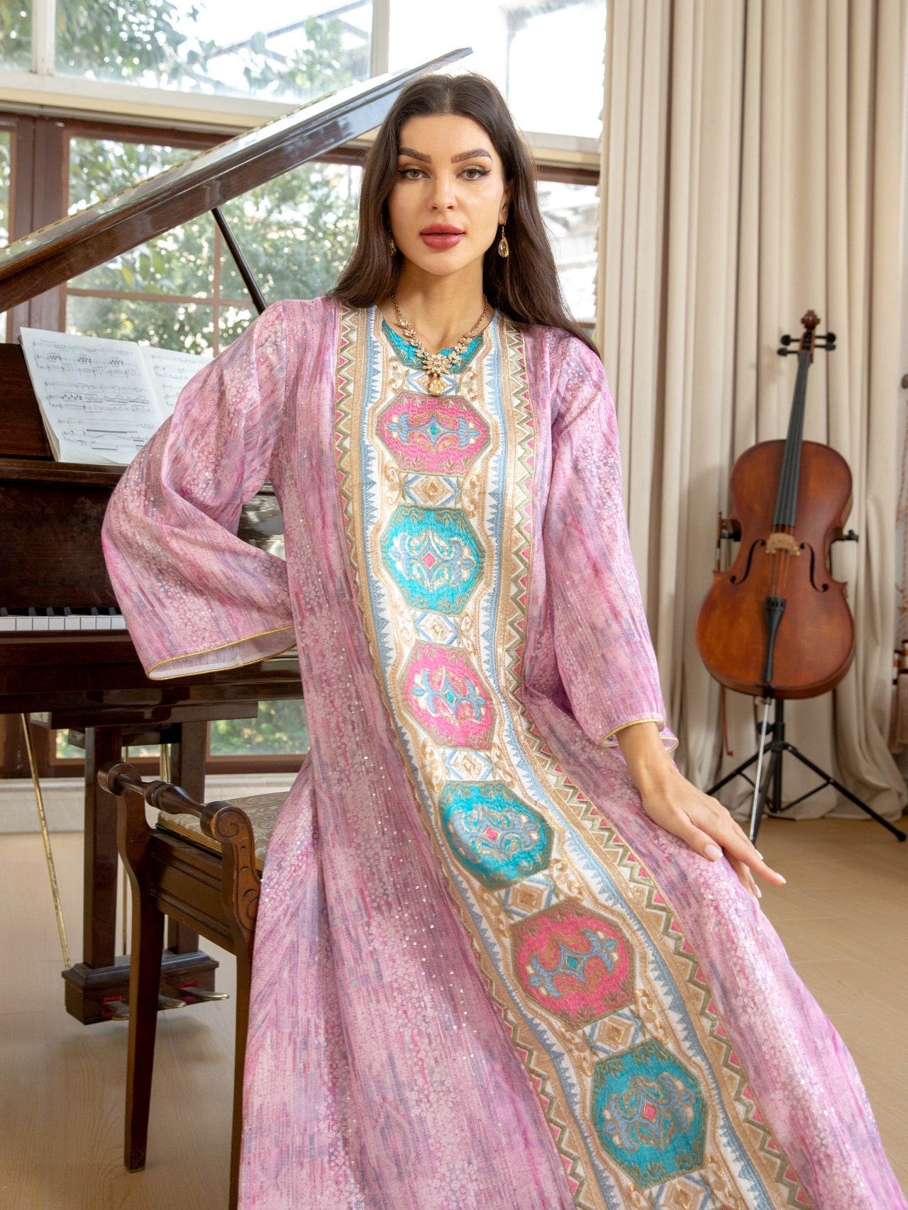 Women's Printed Beaded Embroidered Pullover Dress
