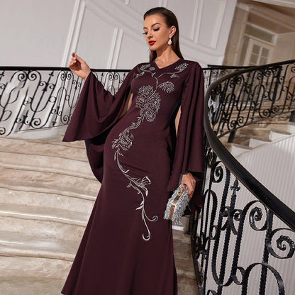 V-neck Bat Sleeve Party Embroidered Dress