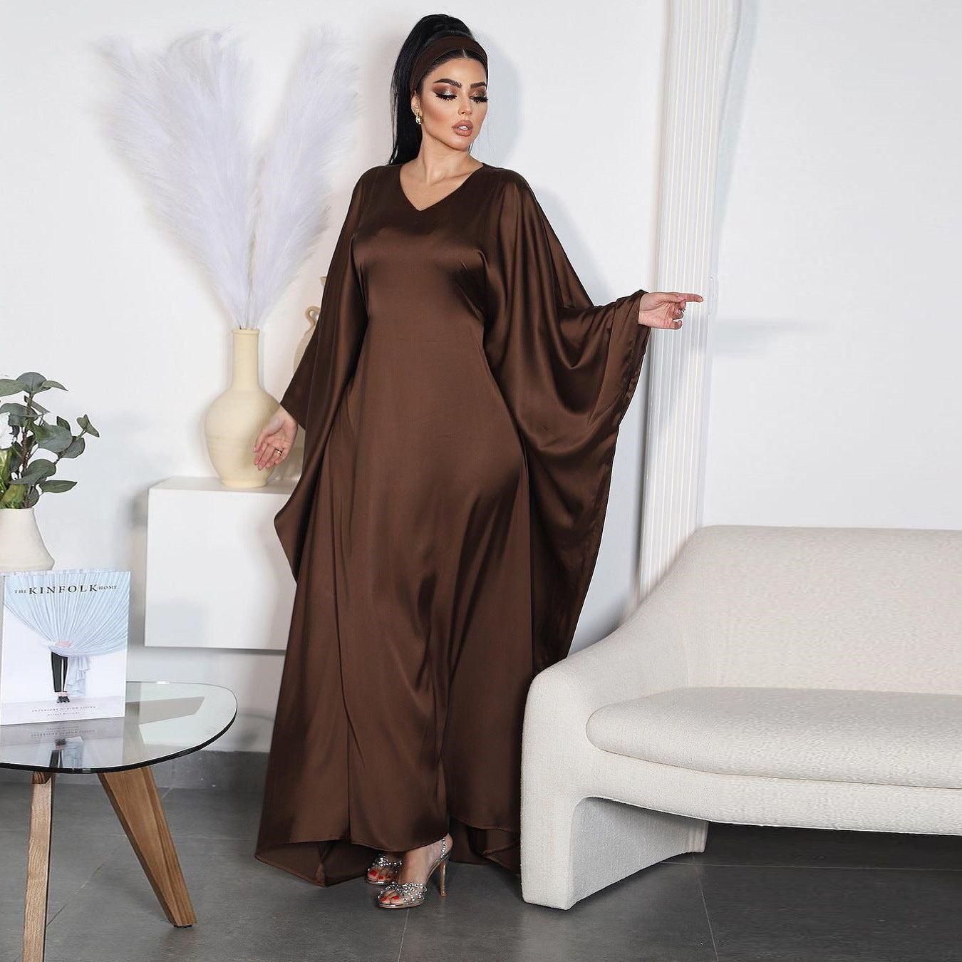 Women's Pullover Waist-cinching Modest Coffee Dress