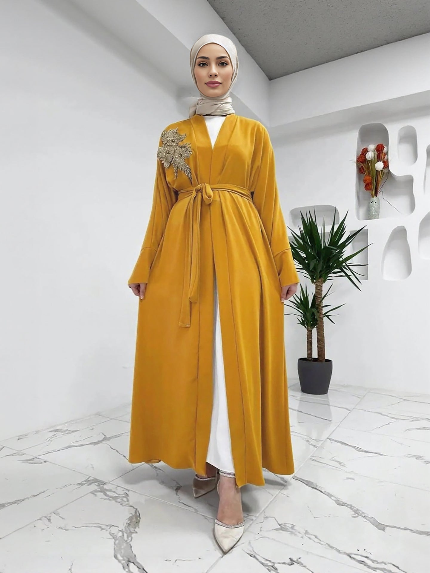 Elegant Embellished Abaya with Long Sleeve Cardigan Set