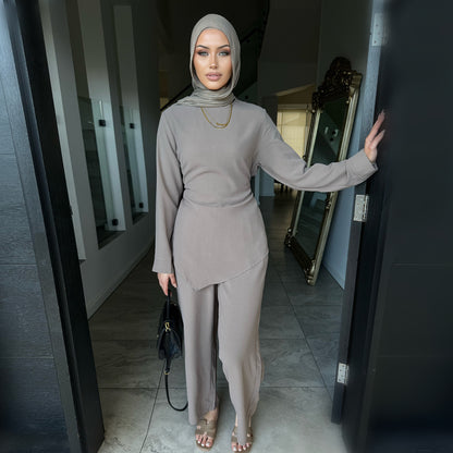 Modest Two Piece Nida Set with Waist Tie and Long Pants