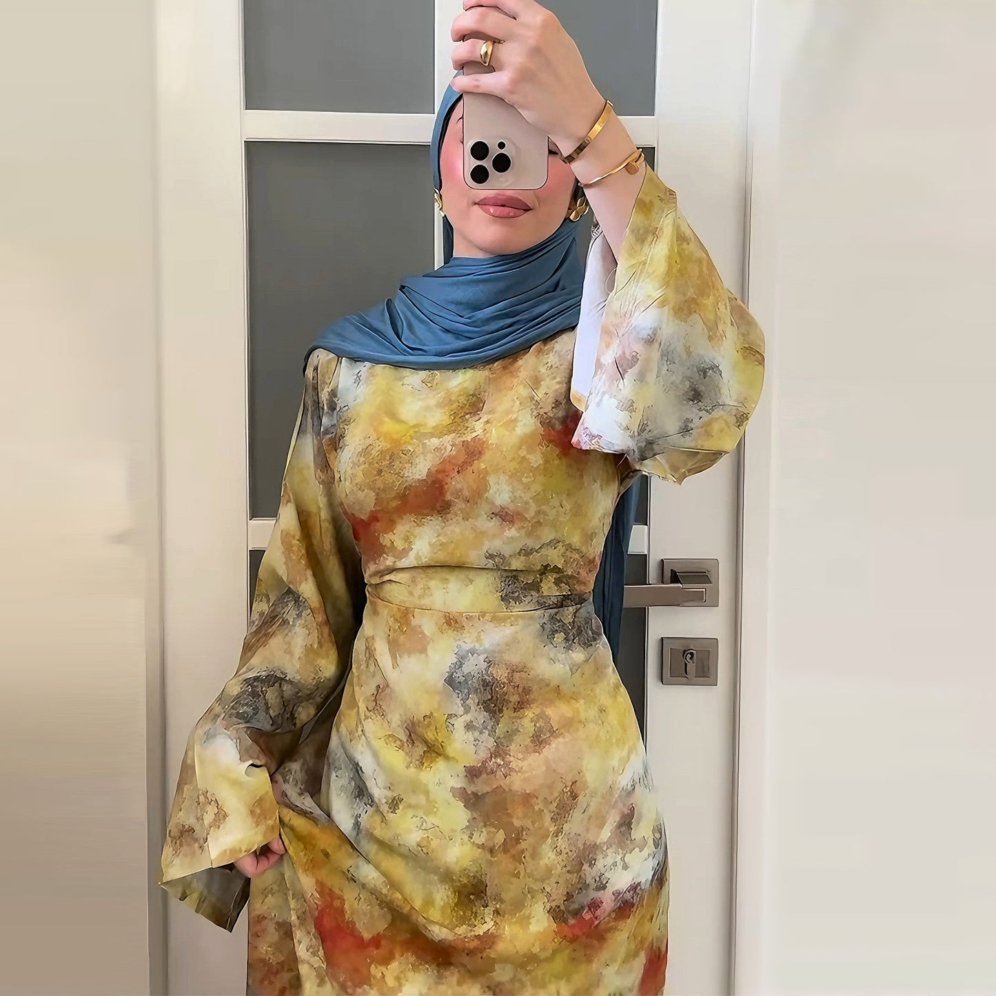 Elegant Printed Maxi Dress with Waist Tie and Back Zipper