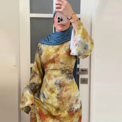 Elegant Printed Maxi Dress with Waist Tie and Back Zipper